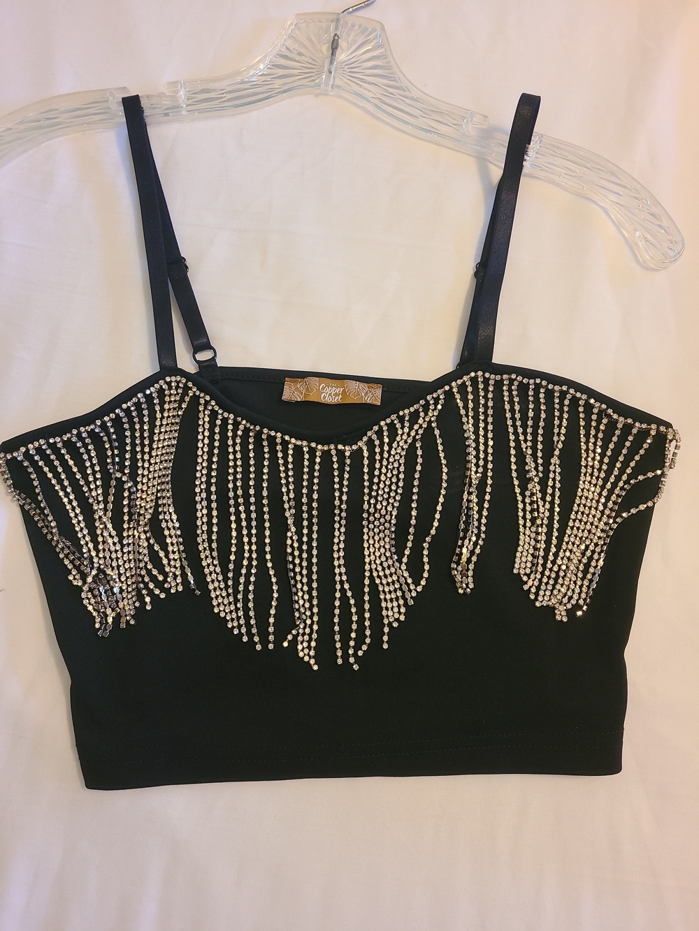 Copper Closet Black Rhinestone Fringe Crop Top Cami S Clubwear Night Out